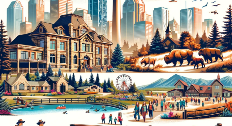 Various popular activities and attractions in Calgary, including the Calgary Tower, Calgary Zoo, Heritage Park Historical Village, and Nose Hill Park.