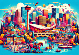 A collage featuring Calgary's landmarks and activities, including the Calgary Tower, Peace Bridge, Rocky Mountains, and street scenes of cultural events.