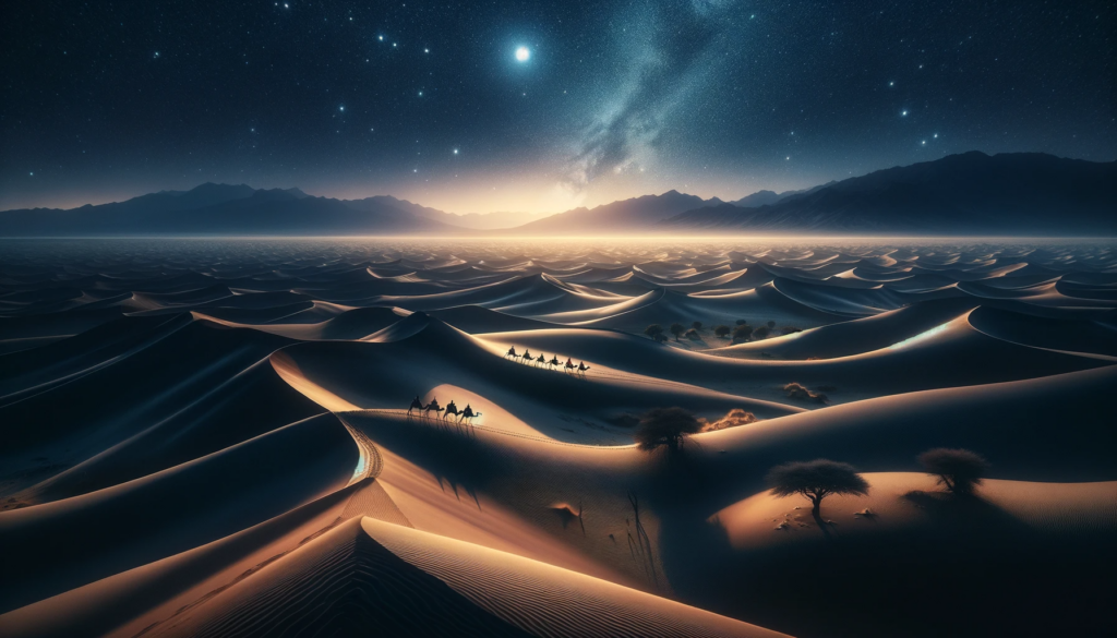 A serene desert landscape at twilight, featuring rolling sand dunes, a distant mountain range, and a camel caravan.