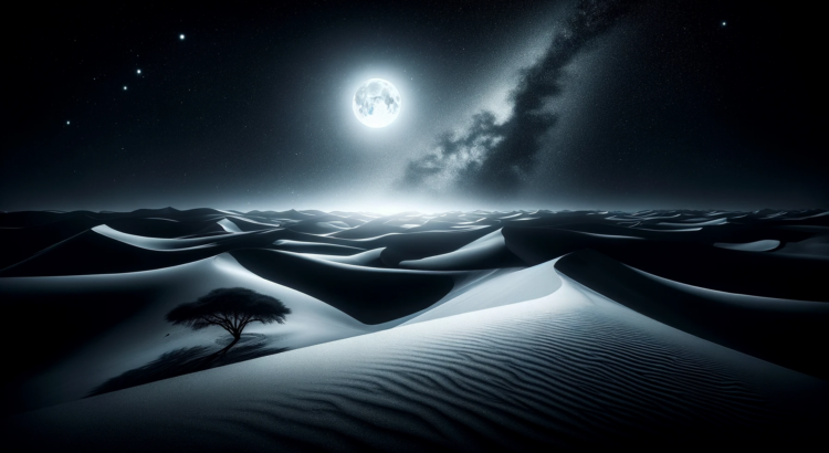 A tranquil desert landscape at night, illuminated by the moon, featuring smooth sand dunes and a solitary acacia tree.